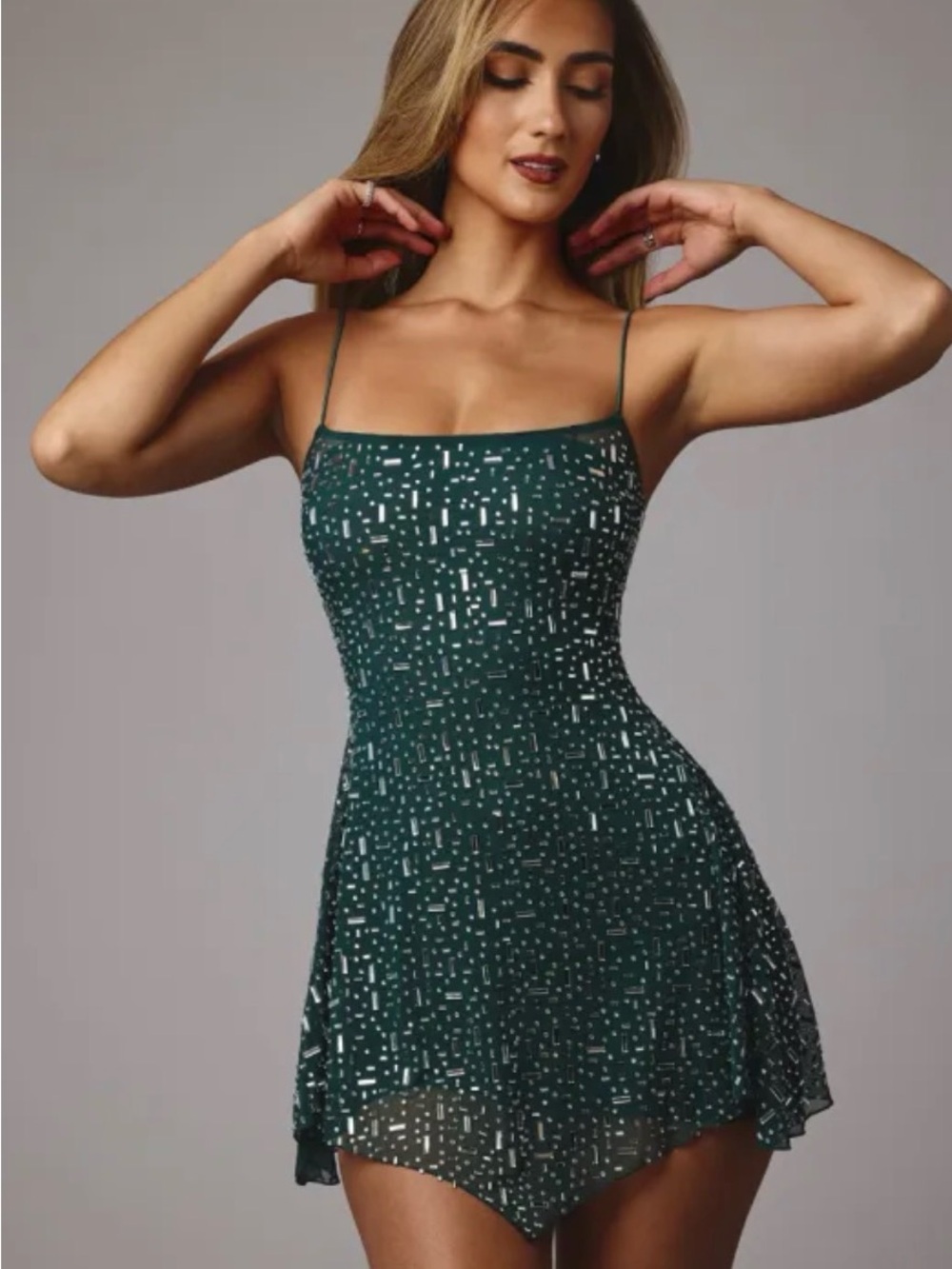 NWT Oh Polly Emerald Green Sheer Embelished Mini Dress with Spaghetti Straps